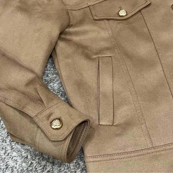 Anthropologie Maeve tan suede feel coat with gold buttons - Picture 3 of 6